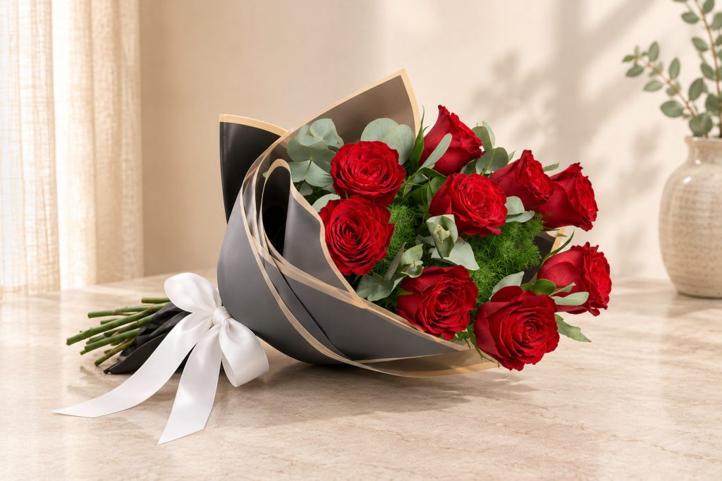 10 Rosas Rojas con eucalipto