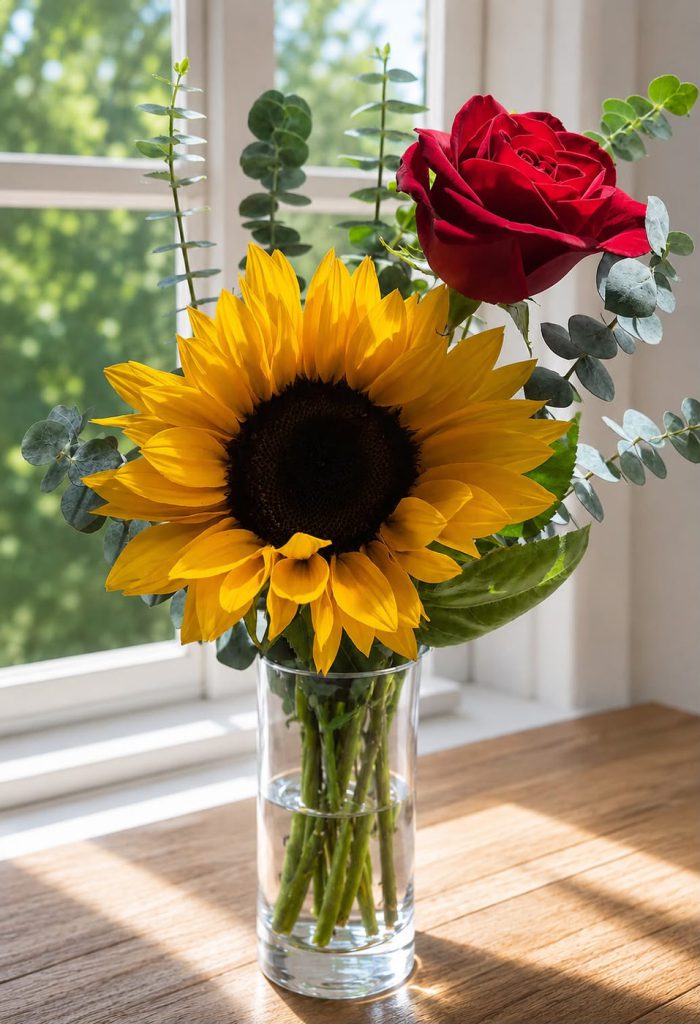 Arreglo Clásico de Girasol y Rosa Roja